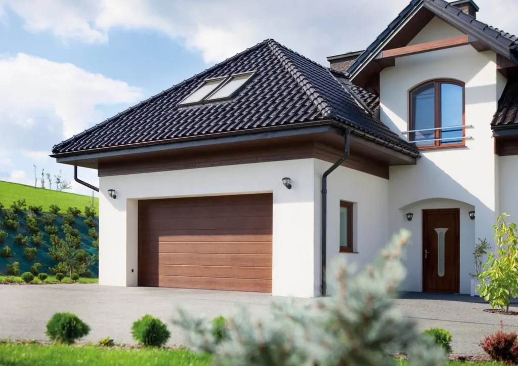 Brama WIŚNIOWSKI UniTherm z wykończeniem drewnopodobnym przy domu ze spadzistym dachem